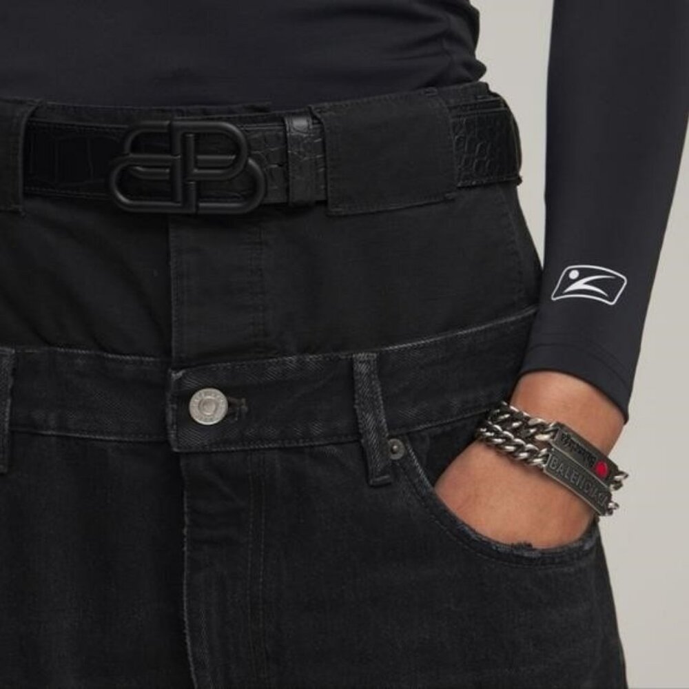 New Authentic Balenciaga BB Logo Buckle Croc Embossed Leather Skinny Belt - Picture 5 of 14